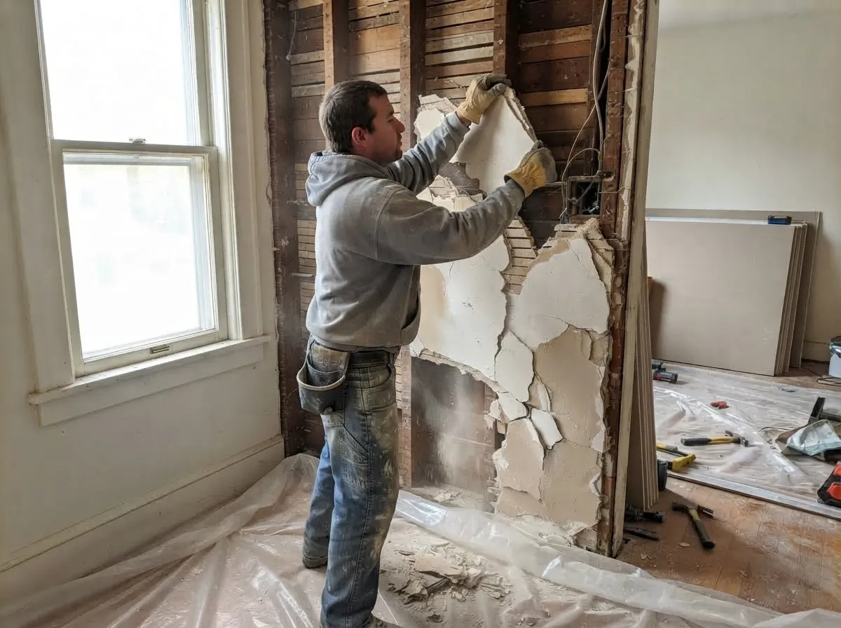 Drywall installer pulling old plaster off the wood lath by hand in an older home, new drywall sheets stacked in the next room