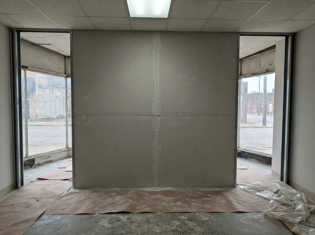 Fire-rated wall in progress between two retail units: drywall screwed to metal studs with seams partly taped, storefront windows on both sides