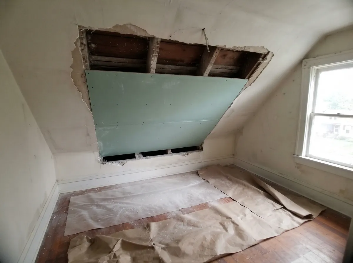 Ceiling repair in progress: a damaged section cut out to the joists and new moisture-resistant drywall screwed in, floor covered in paper and plastic