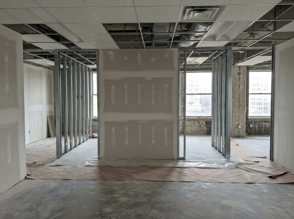 Office build-out in progress: new metal-stud partitions with drywall hung and first-coated on some walls and bare studs on others, under a partly installed ceiling grid