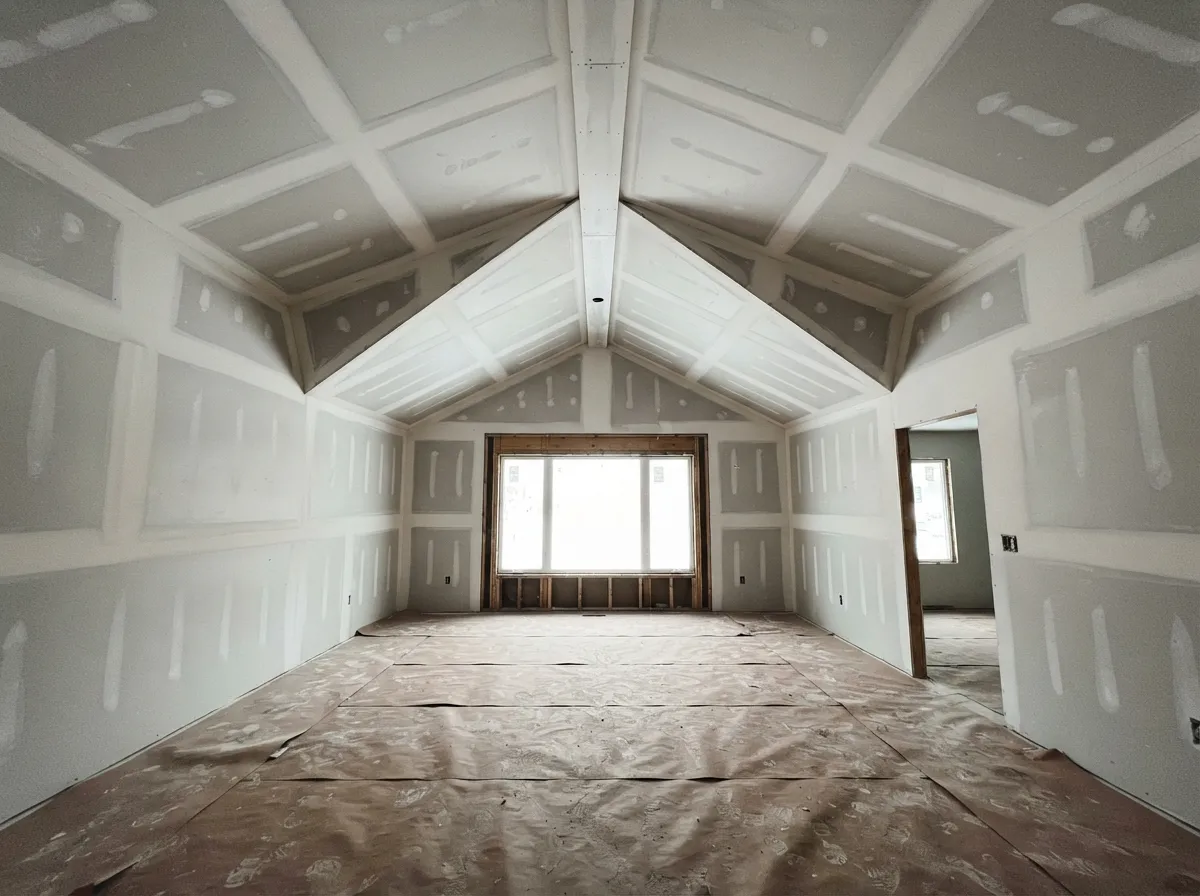 New-construction room in progress with a vaulted, coffered ceiling, every drywall seam and screw taped and first-coated, floor covered in paper