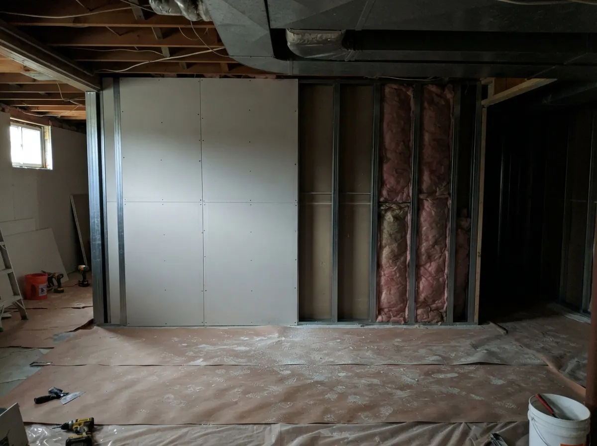 Basement soundproofing in progress: drywall screwed to metal studs on half a wall, the rest still open to the studs and insulation, floor covered in paper