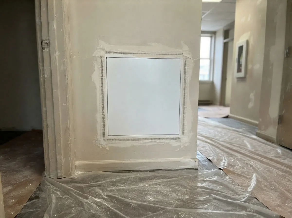 White access panel newly set into a hallway wall, the joint around its frame mesh-taped and first-coated, floor covered in plastic