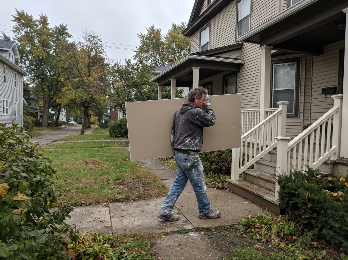 Drywall installer carrying a full sheet of drywall past the front porch of an older wood-frame house on a tree-lined residential street