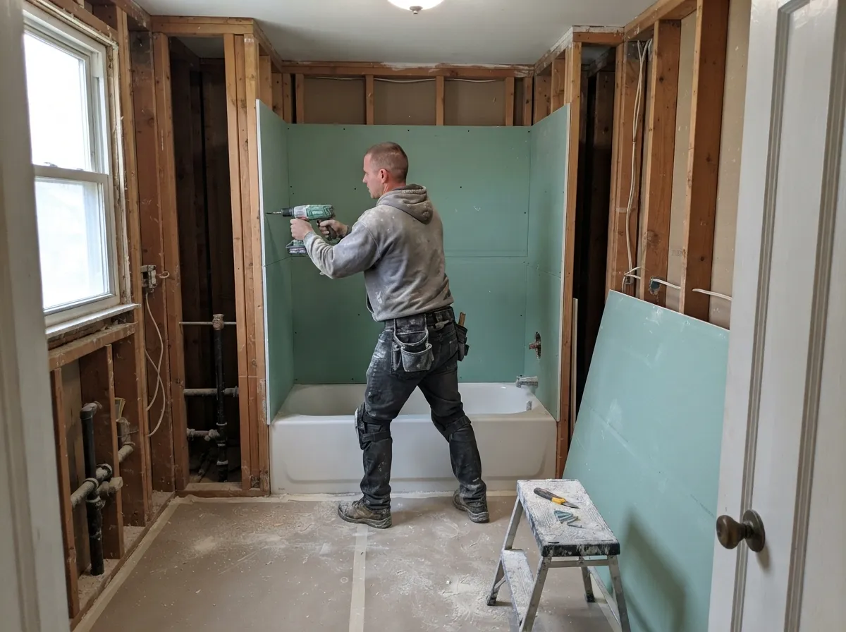 Worker screwing moisture-resistant drywall to the studs around a tub in a bathroom stripped to the framing