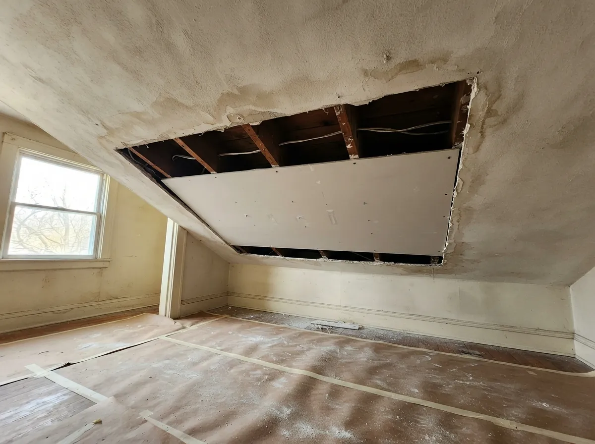 Water-stained sloped ceiling with the damaged section cut out to the joists and a new drywall piece screwed in, floor covered in paper