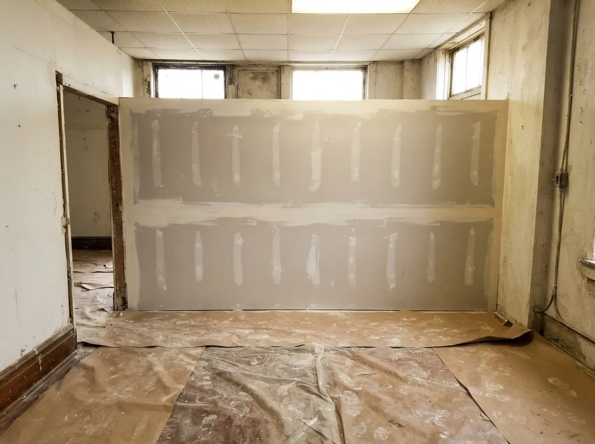 Empty commercial suite with a rebuilt drywall wall section, seams taped and first-coated, under a drop ceiling with basement windows