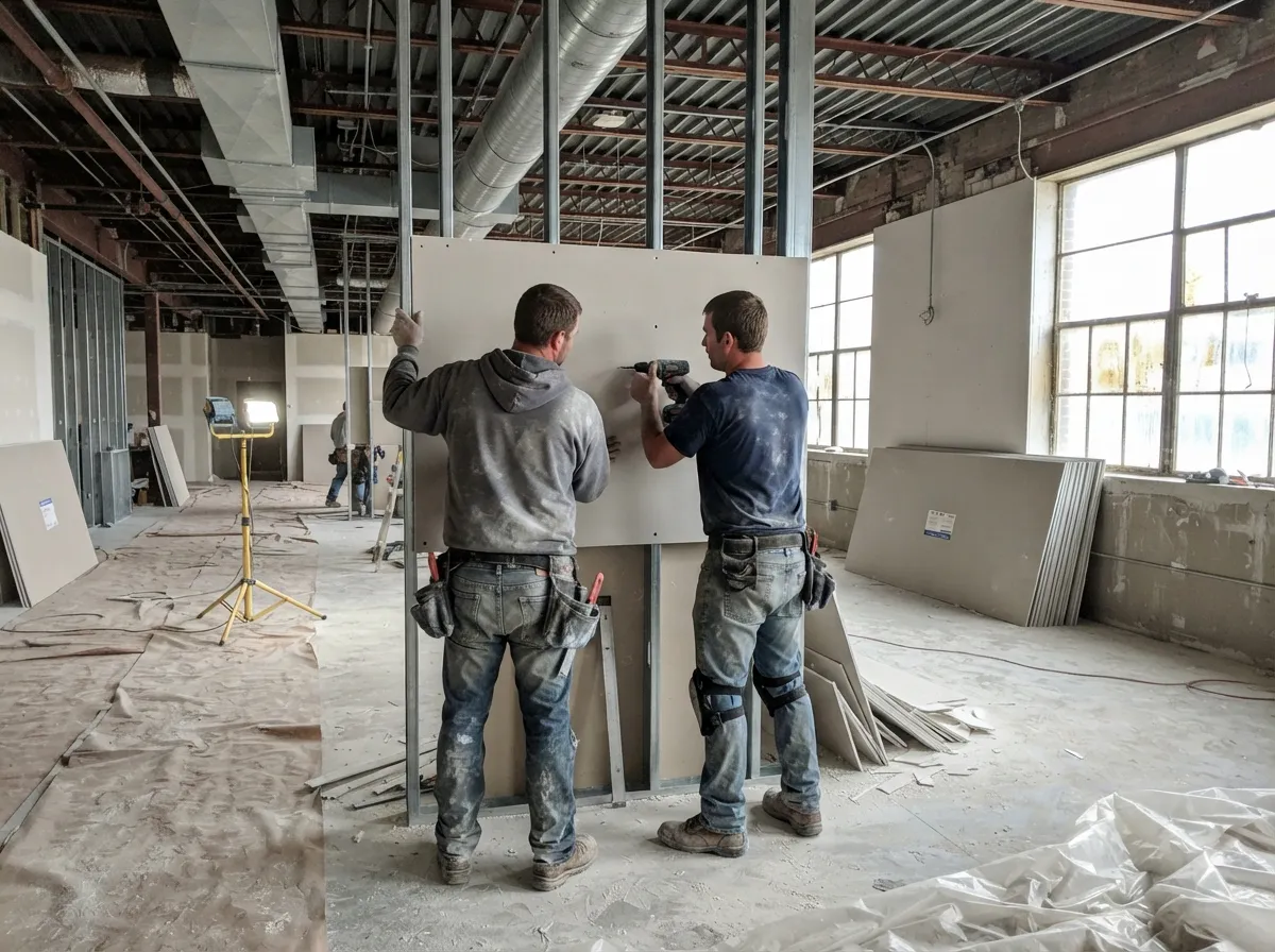 Two drywall installers hanging a sheet on metal studs in an open commercial space, ductwork overhead and board stacked by the windows