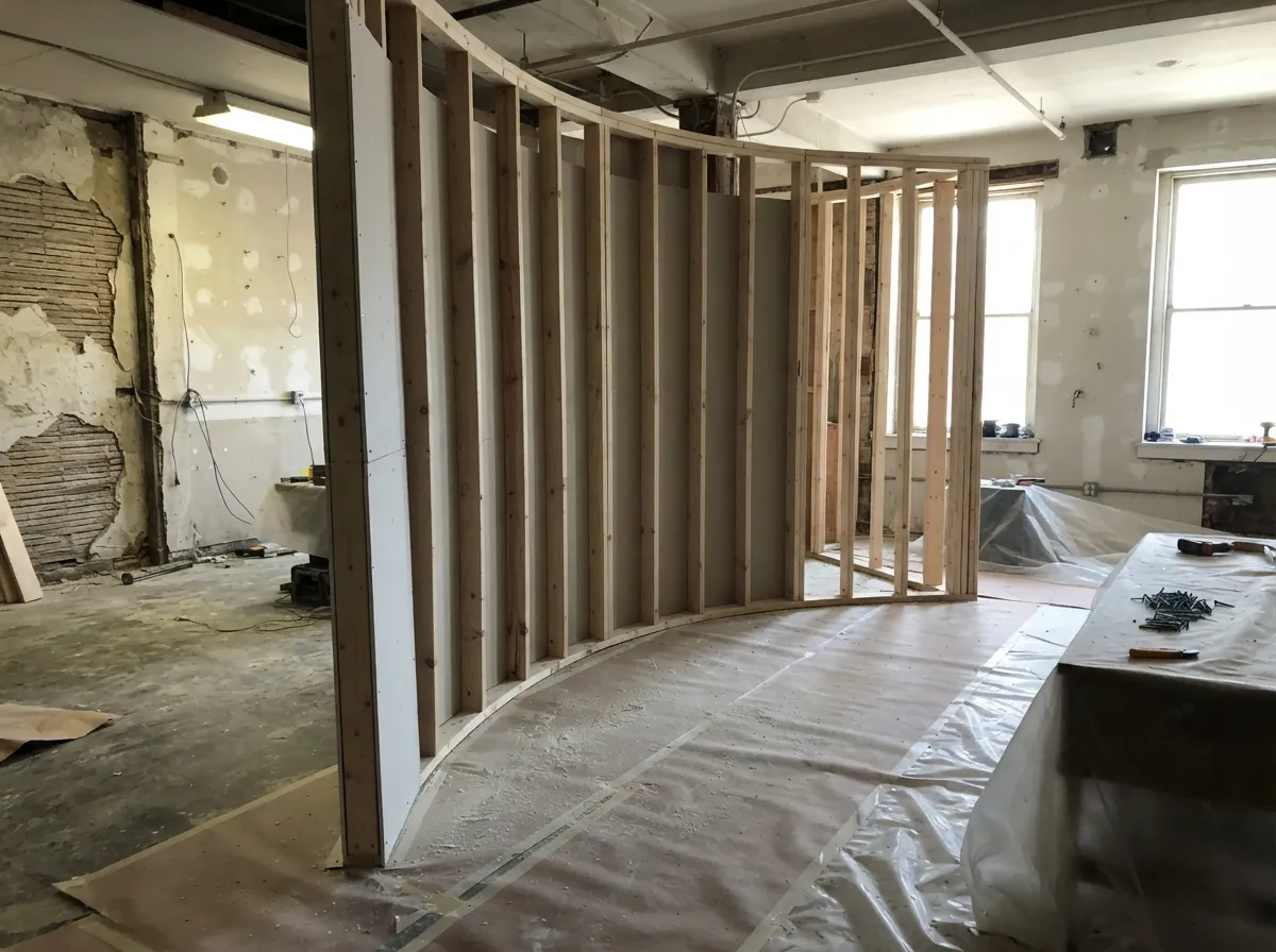 Curved wall under construction: closely spaced wood studs bent along a curve with drywall hung on the far side, in an older building mid-renovation