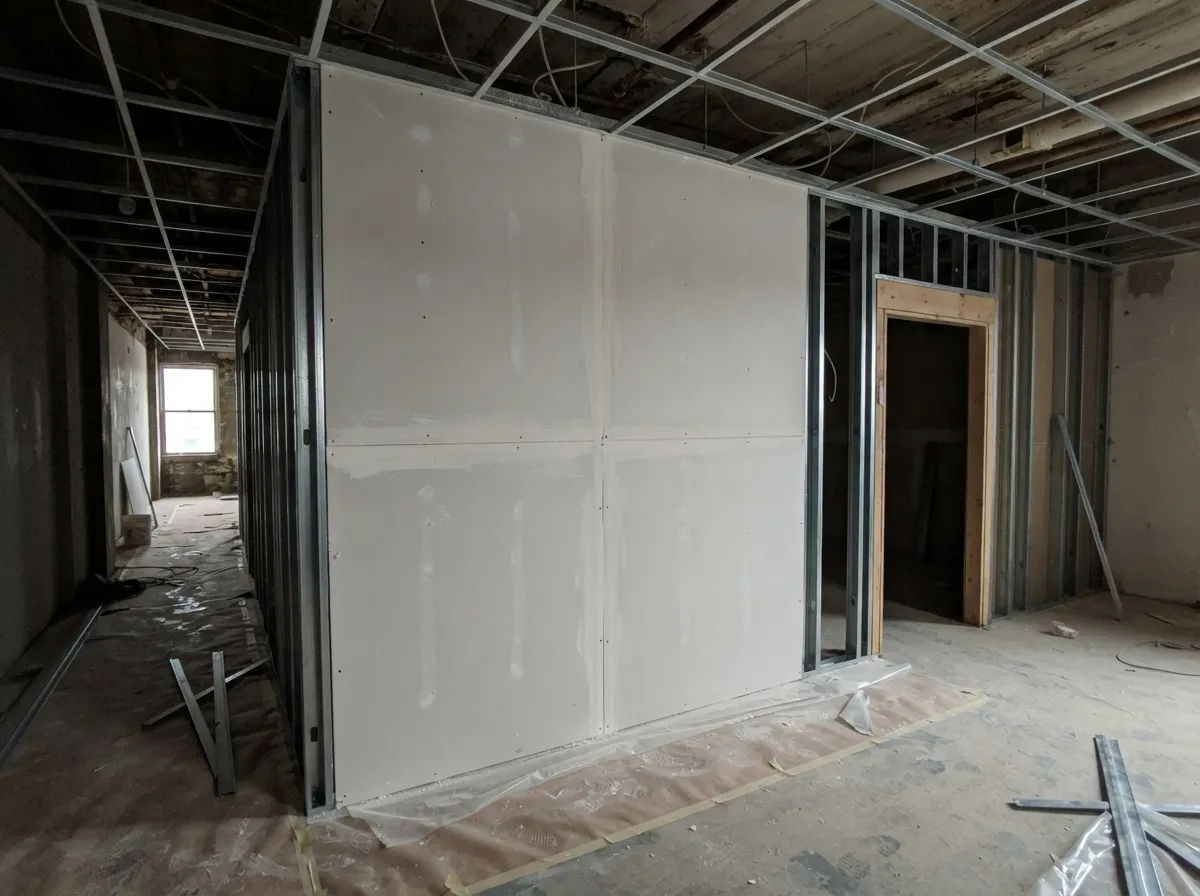 Drywall partition on metal studs in a gutted commercial floor, seams taped and first-coated, with open stud framing and a framed doorway beside it