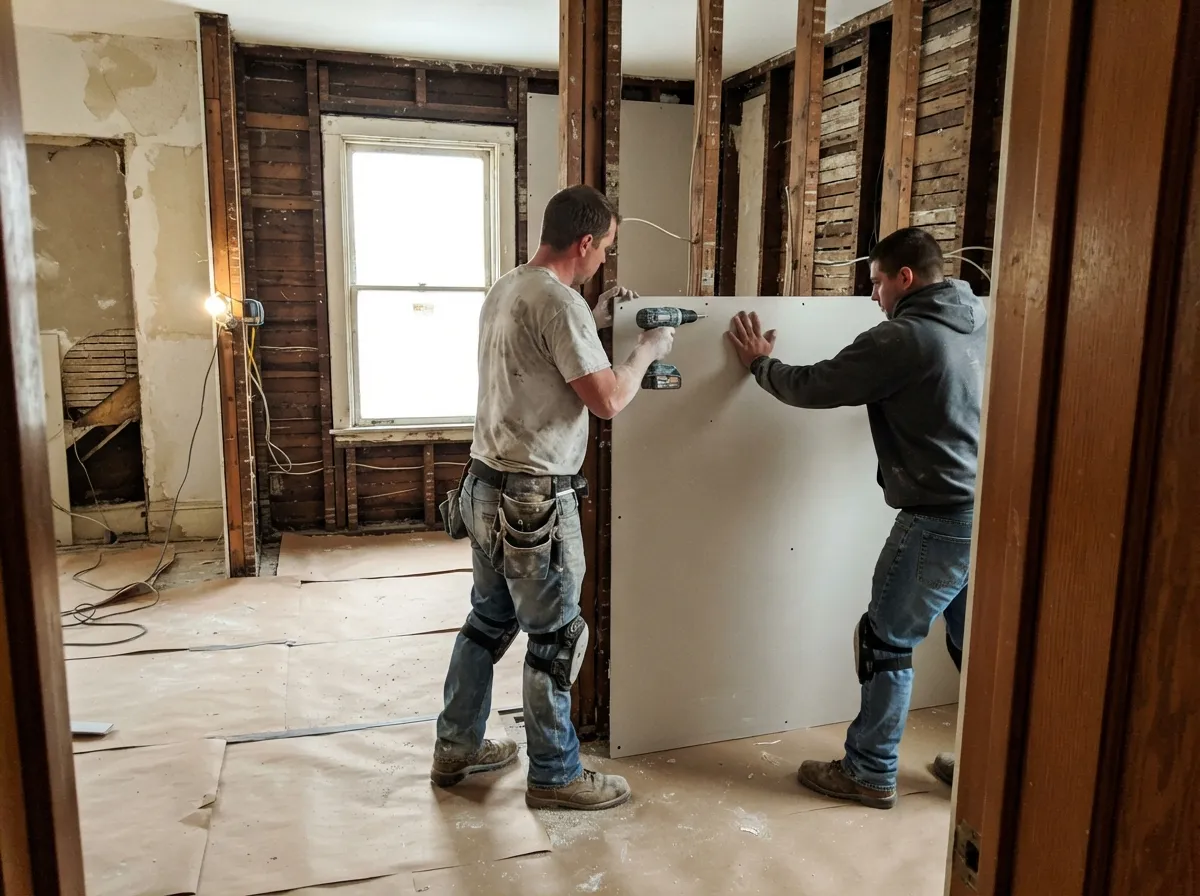 Two drywall installers hanging a sheet of drywall on wood studs in a gutted room of an older house, one steadying it while the other drives screws