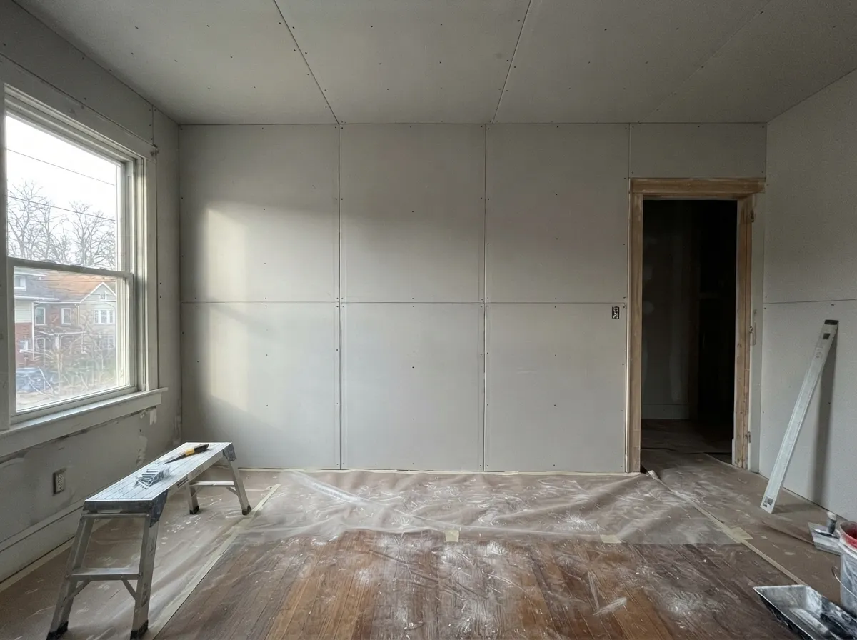 Room of freshly hung drywall on walls and ceiling in raking window light, floor protected with plastic and paper