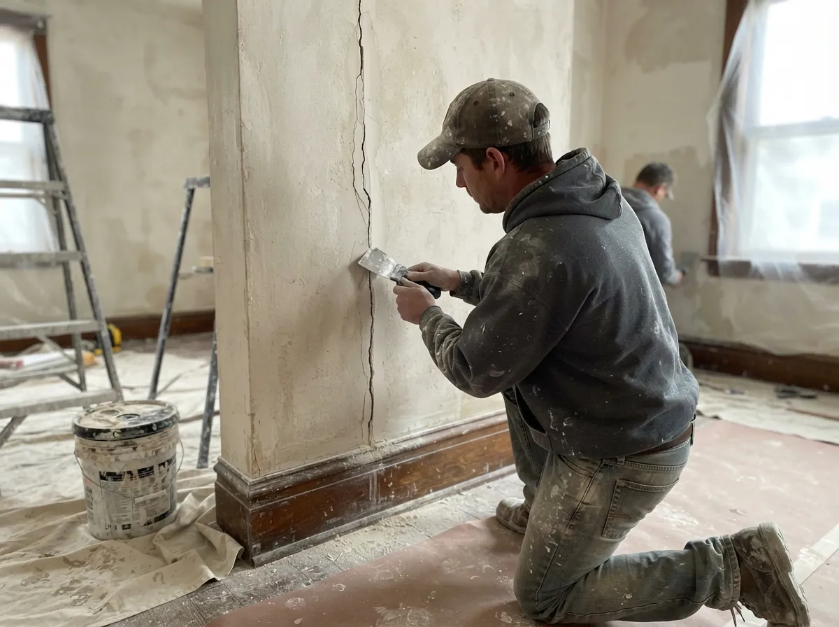 Worker kneeling to fill a long vertical crack in an old plaster wall with a small knife, a second worker patching plaster by the window