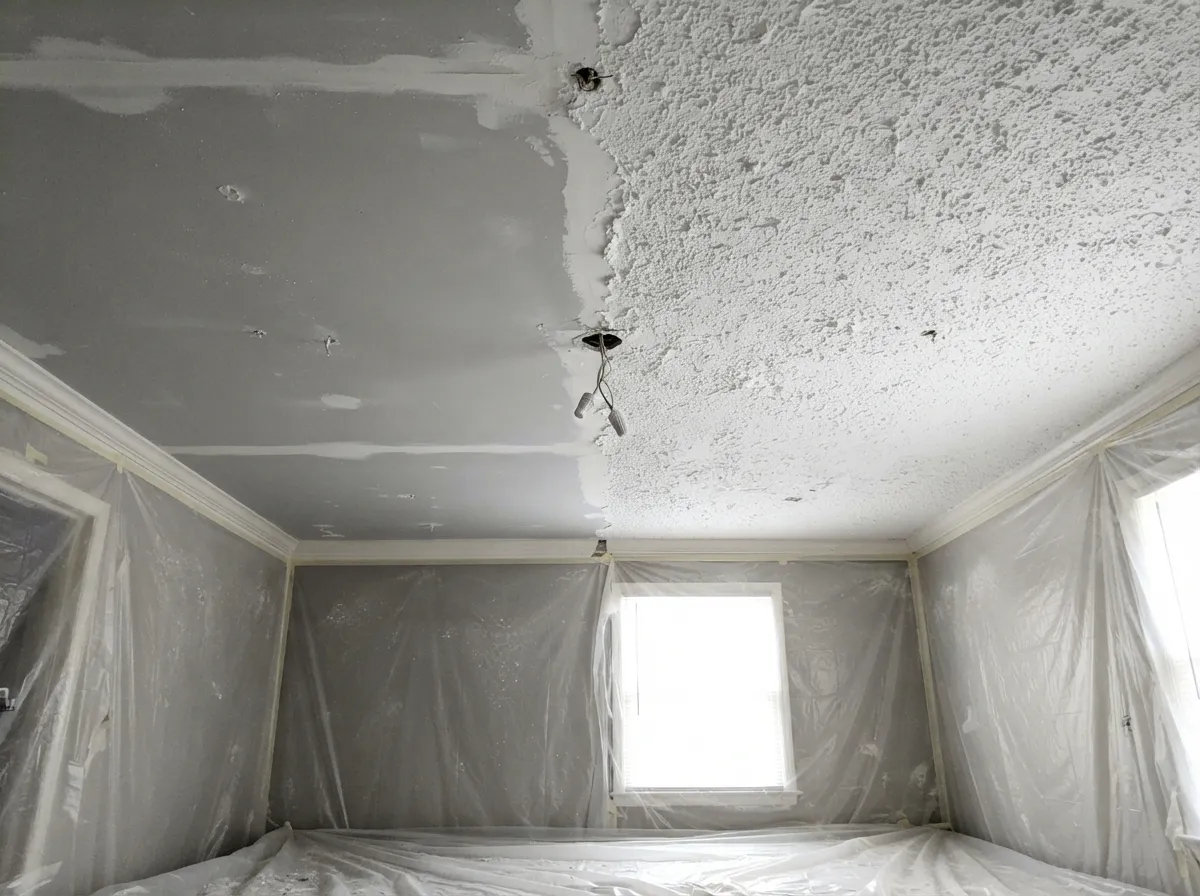 Bedroom ceiling half scraped of popcorn texture, the smooth scraped side next to the remaining texture, walls and floor sealed in plastic