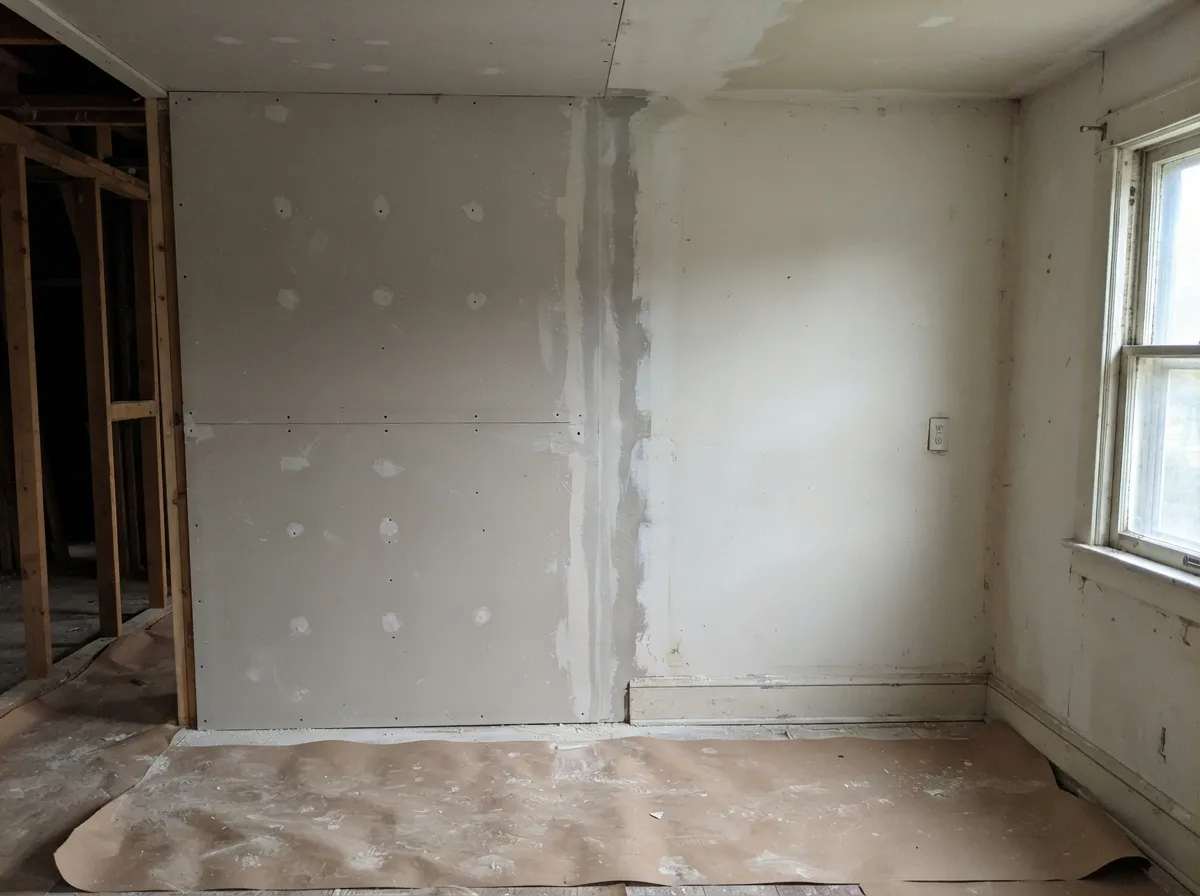 Remodel in progress: new drywall on fresh framing meeting an existing painted wall, the joint between old and new taped and first-coated