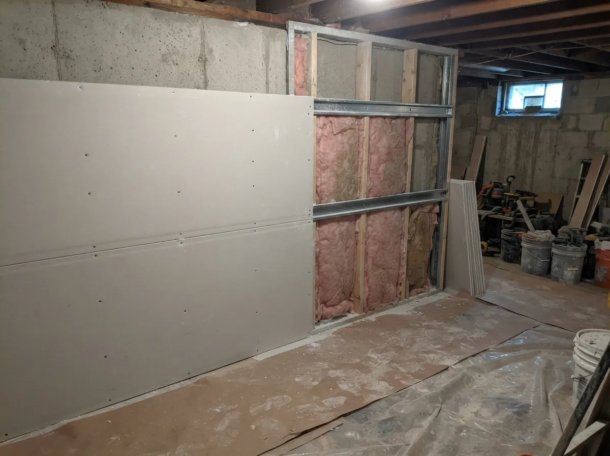 Basement wall partway through a soundproofing job: drywall screwed over metal channel on half the wall, insulated stud bays still open on the rest