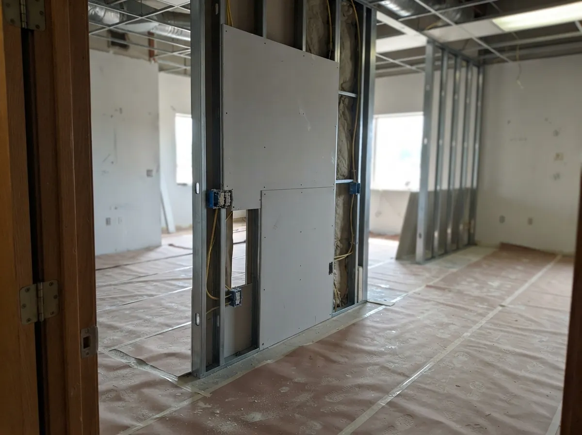 Commercial build-out in progress: a metal-stud partition with electrical boxes and wiring, partly covered in drywall, another stud wall framed behind it