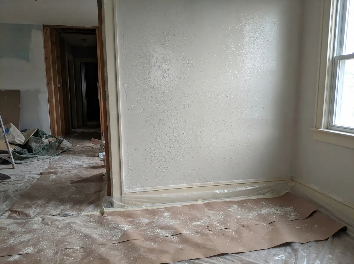 Freshly textured wall with a knockdown-style finish in side light from a window, baseboard and floor covered in plastic and paper