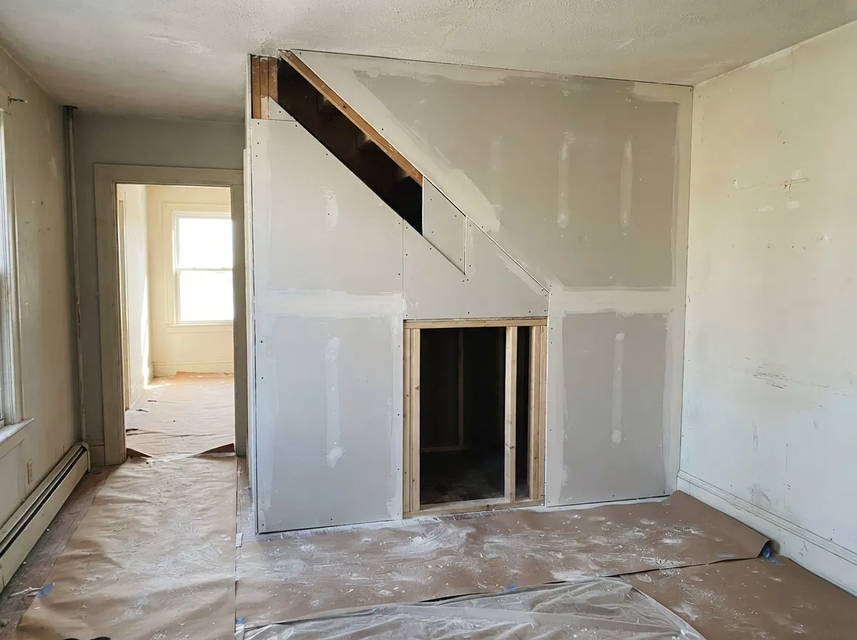Staircase side enclosed with new drywall, seams taped and first-coated, with a framed opening for an under-stairs storage closet