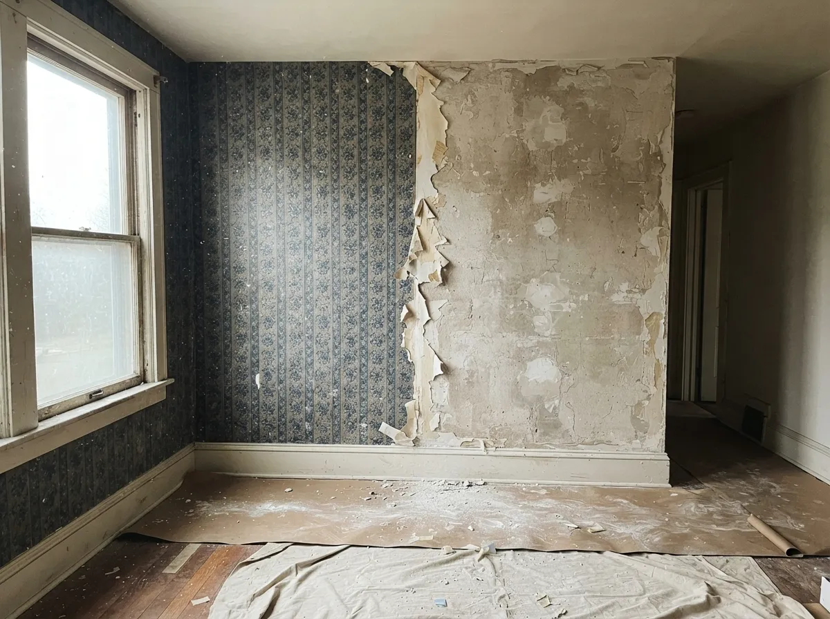 Wall half stripped of old patterned wallpaper, bare plaster beside the remaining paper, torn strips at the edge and floor protection below