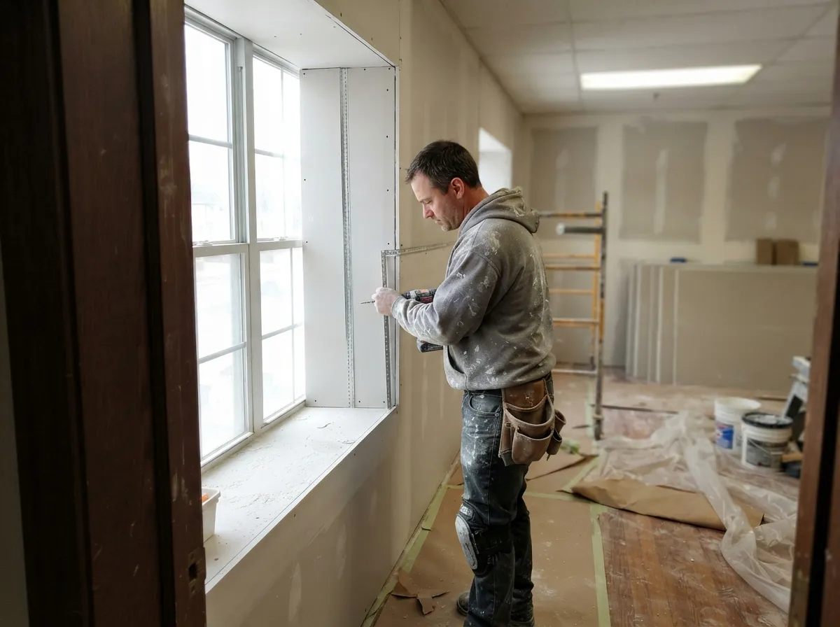 Drywall installer fitting metal corner bead to a new drywall window return, with a drywall sill and hung walls in a commercial room