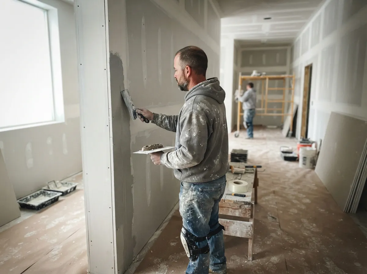 Drywall finisher applying joint compound to a wall seam with a taping knife and hawk, a second crew member on a scaffold down the hallway